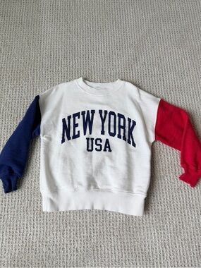 Zara White Sweatshirt with Blue and Red Sleeves - NEW YORK USA